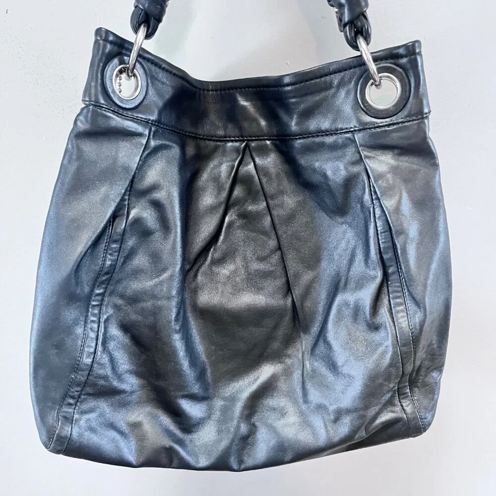 Coach Black Leather Pleated Hobo Shoulder Bag With Silver Hardware & Inner Zip P